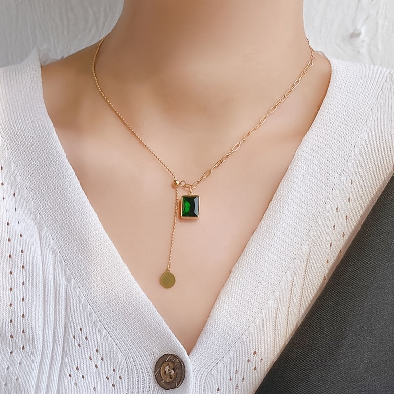 Green Emerald Pendant Necklace Stainless Steel Adjustable Necklace