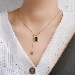 Green Emerald Pendant Necklace Stainless Steel Adjustable Necklace