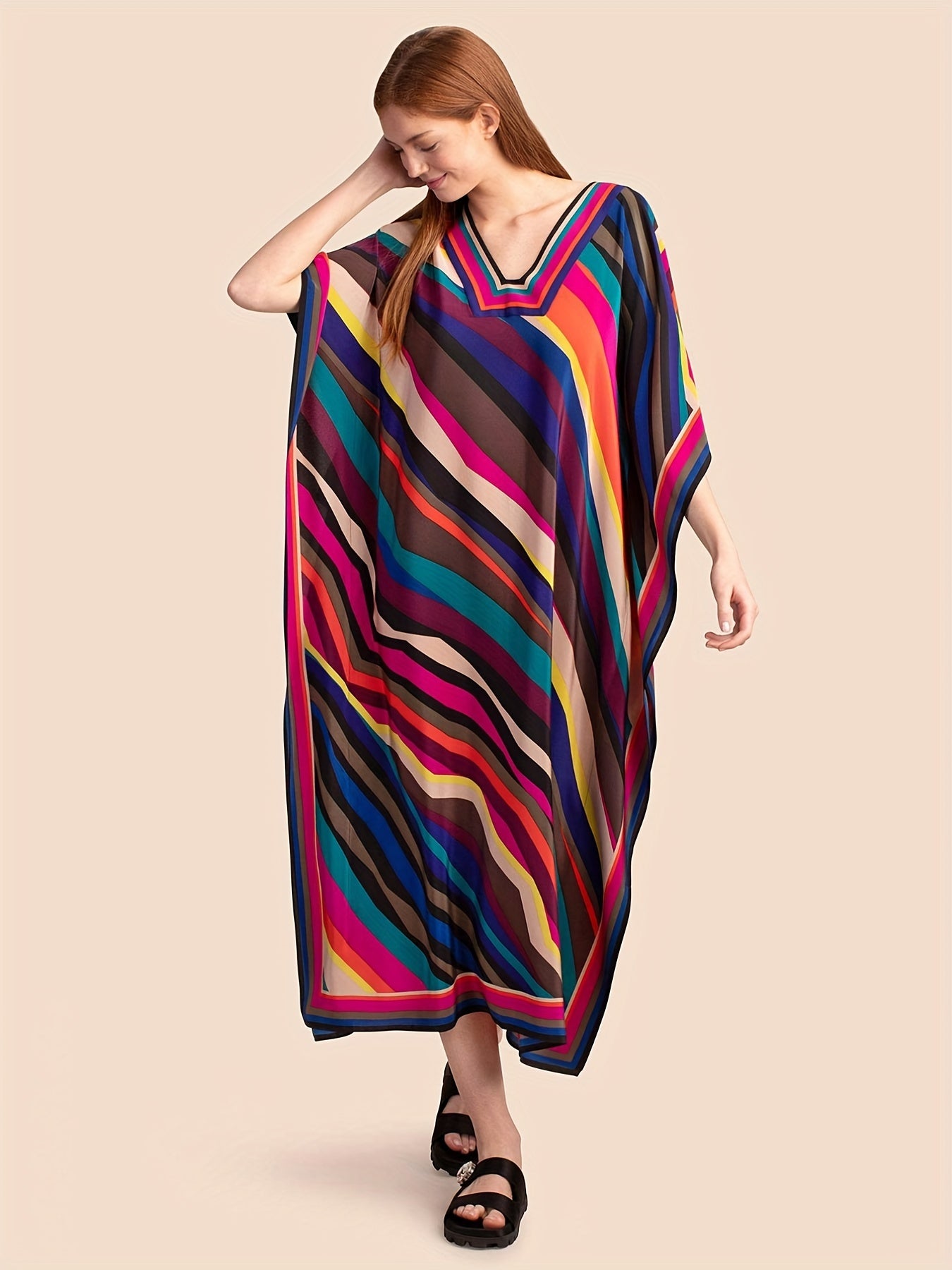  Colorblock Stripe Print V Neck Bat Sleeve Maxi Cover Up