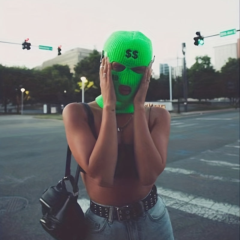Embroidered Ski Mask SAD & Dollar Sign Knitted Hat - Outdoor Skiing Cycling Gift