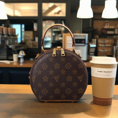 Vintage Floral Print Round Handbag for Women Zipper Closure Golden Tone Hardware