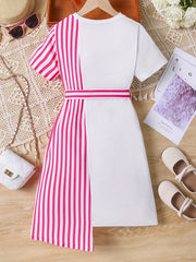 Girls Striped Short Sleeve Belted Dress Casual Spring Summer