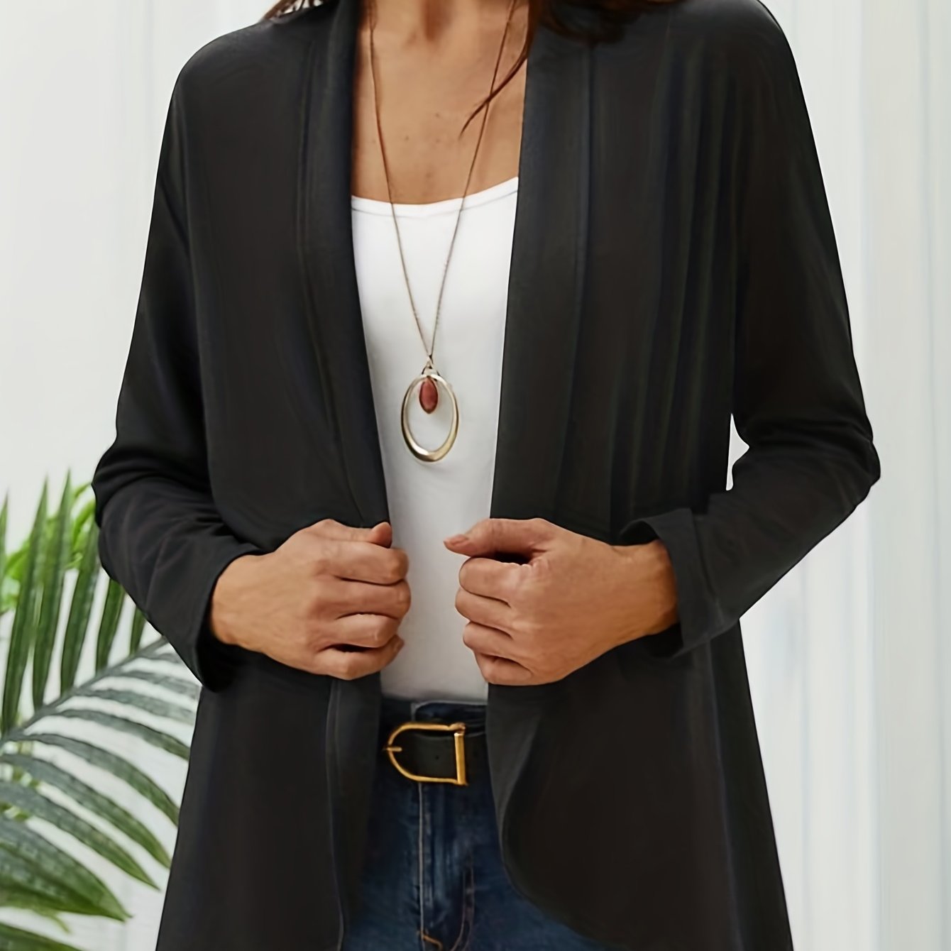  Solid Long Sleeve Open Front Cardigan