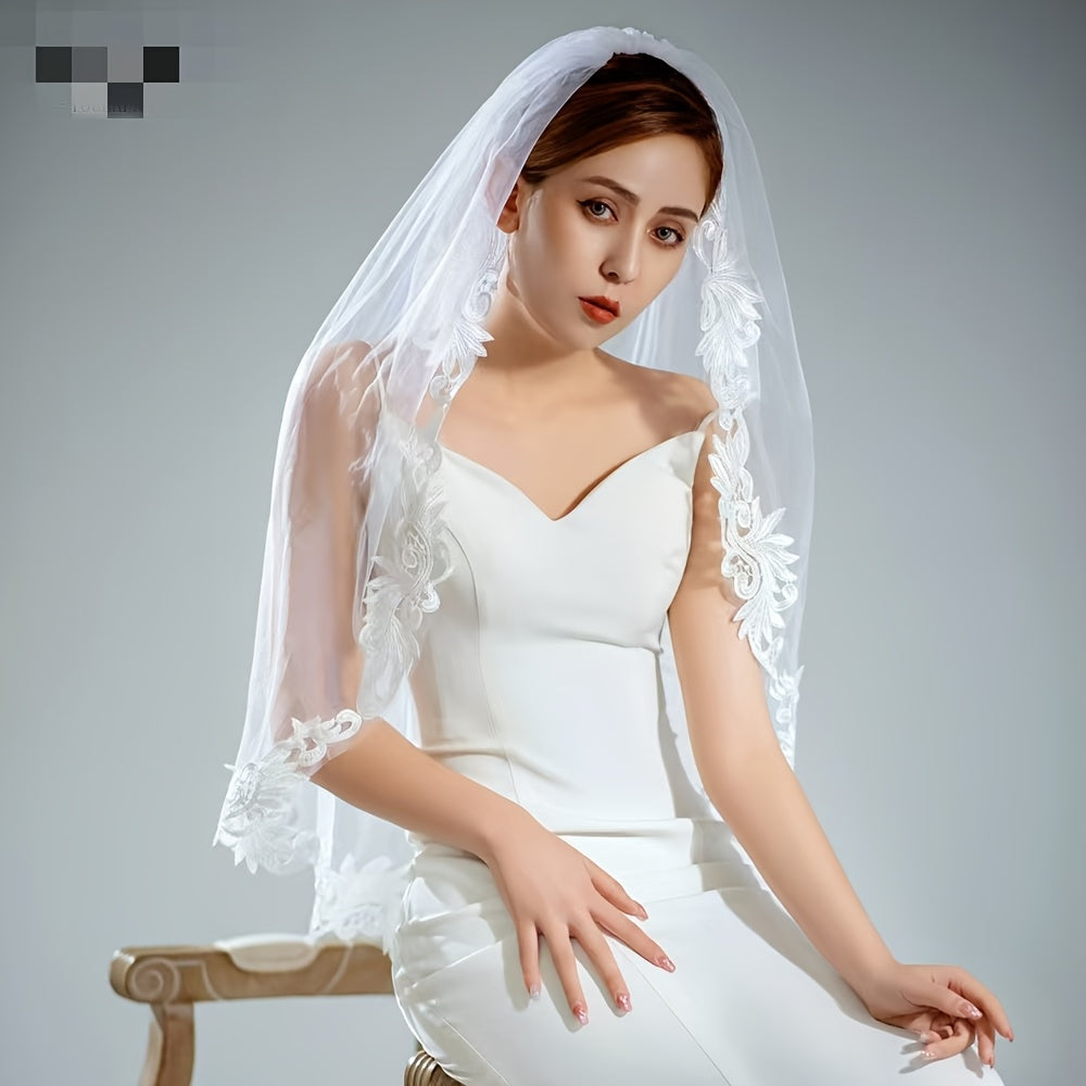 Short Floral Lace Bridal Veil Headpiece for Wedding Hair with Cut Out Patterns