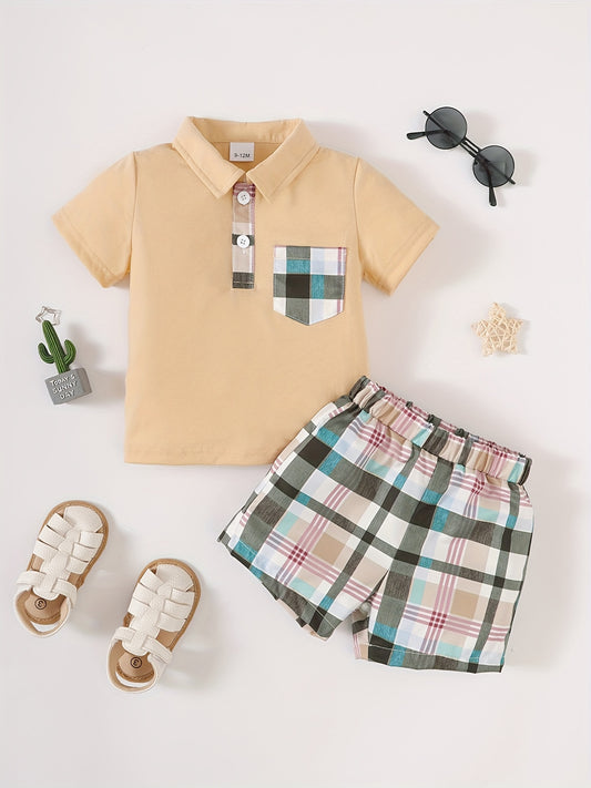 2pcs Baby Boys Short Sleeve Shirt & Plaid Shorts Set Summer Outfit