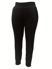 Solid Wide Band Waist High Rise Tapered Leg Pants