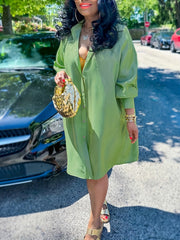  Solid Lantern Sleeve Button Up Shirt Dress