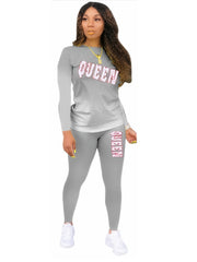  Letter Print Long Sleeve Tee & Skinny Pants Set Women's Plus