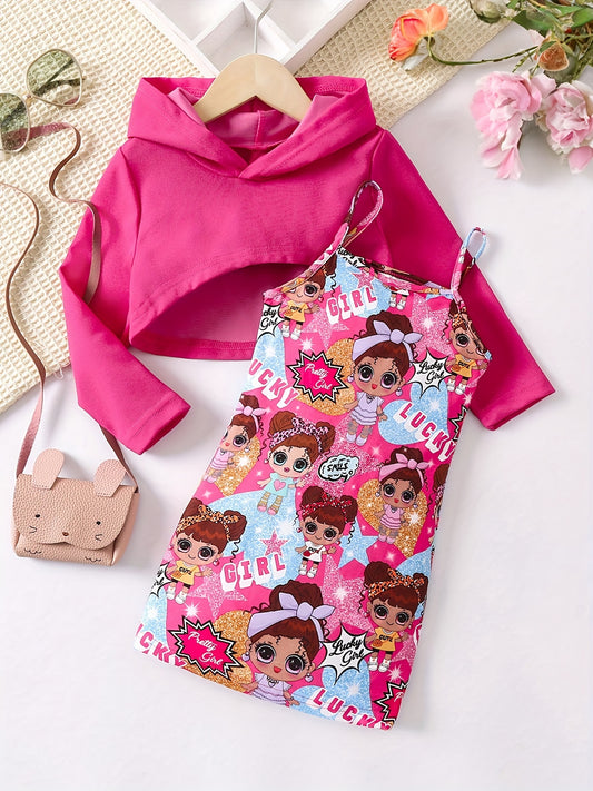Y2K Style Crop Hoodie & Sundress Set Anime Girl Pattern Outfits