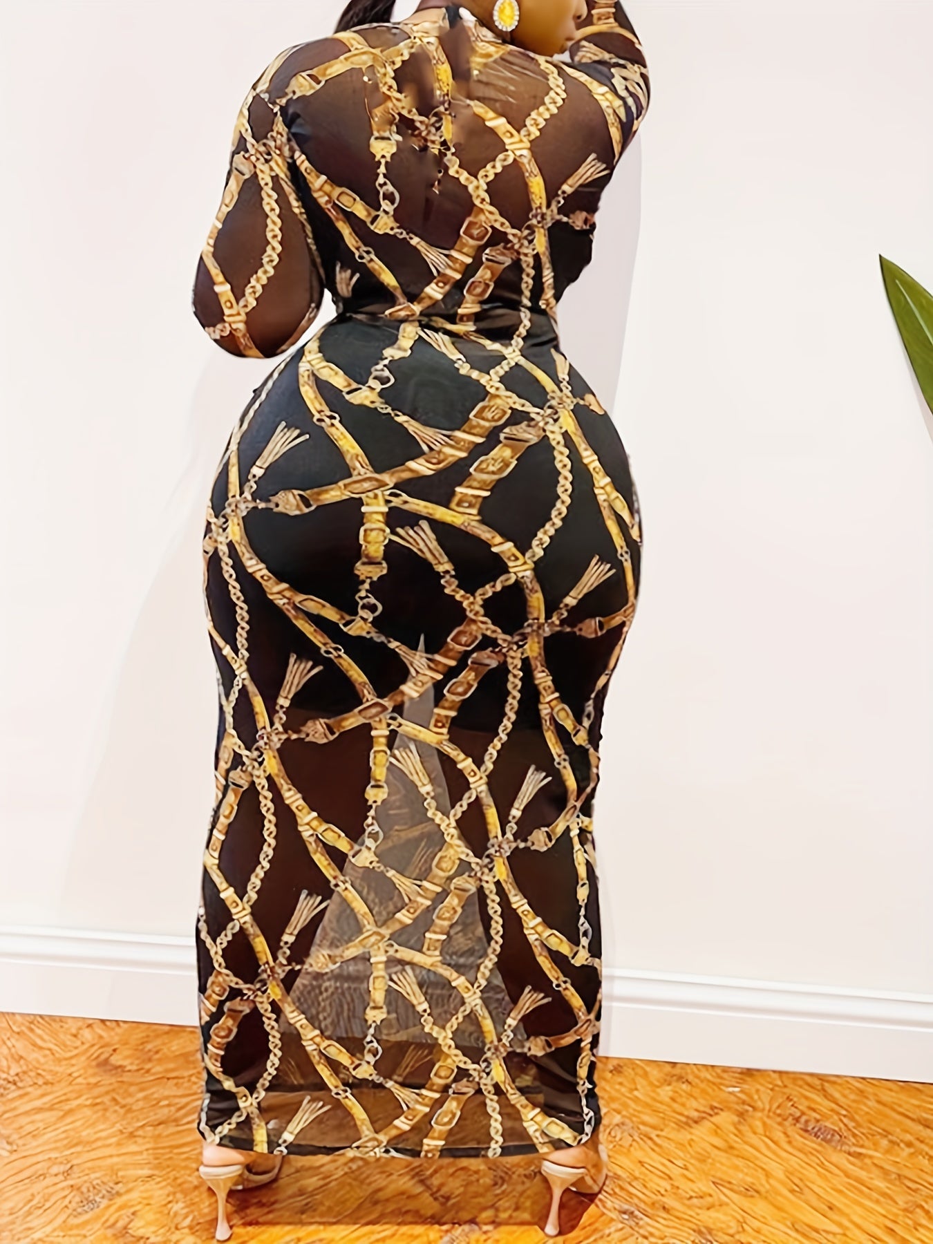  Chain Print Halter Bra & Long Sleeve Semi Sheer Cover Up Set