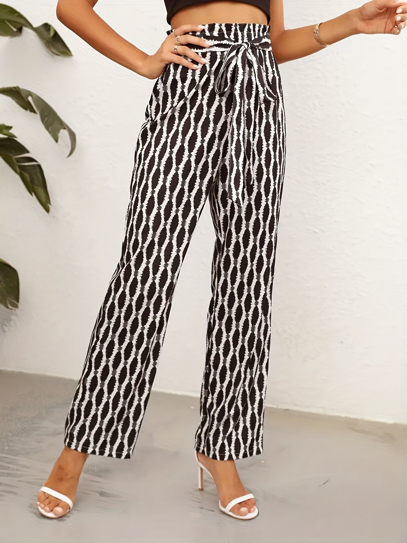 Geometric & Striped Print High Rise Wide Leg Pants With Belt