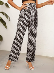  Geometric & Striped Print High Rise Wide Leg Pants With Belt