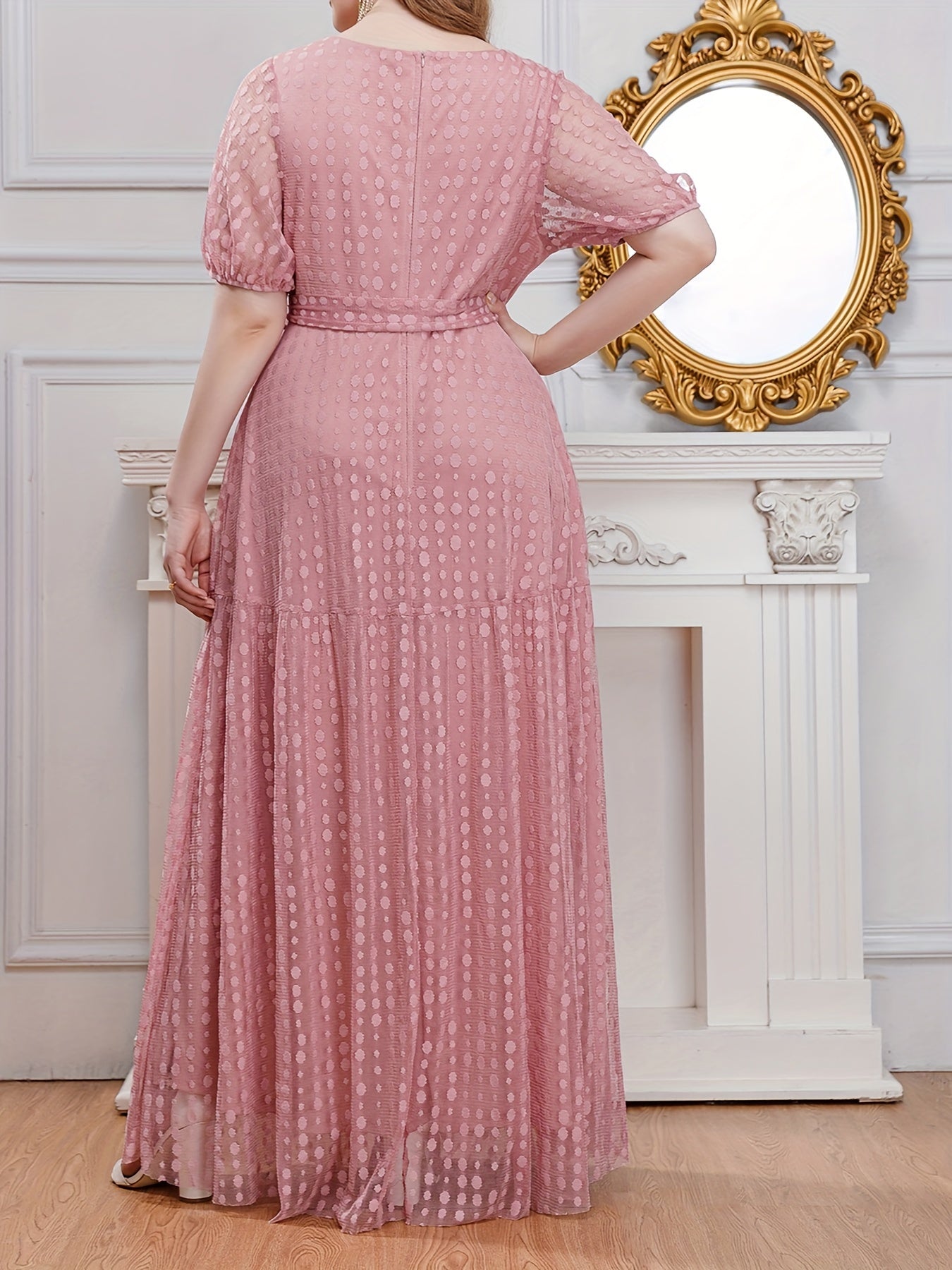 Polka Dot Mesh Puff Sleeve Maxi Formal Evening Dress With Belt