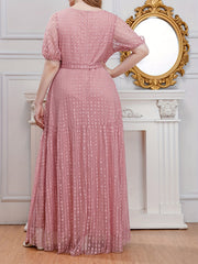 Polka Dot Mesh Puff Sleeve Maxi Formal Evening Dress With Belt