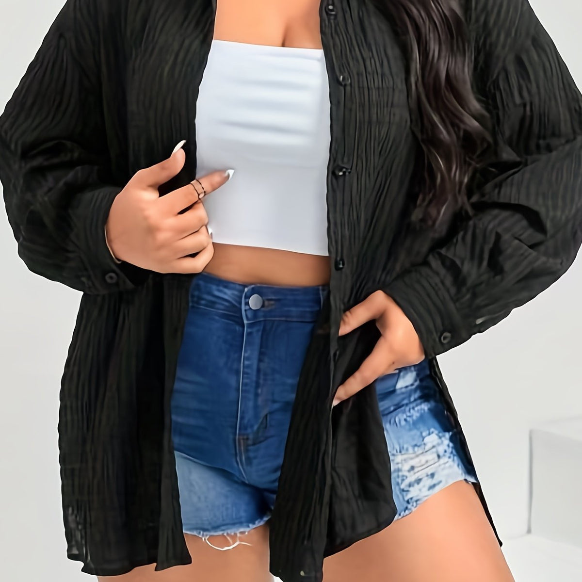  Women's Solid Long Sleeve Button Up Split Shirt