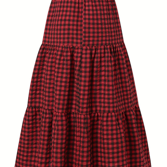  Gingham Print Maxi A line Smock Skirt