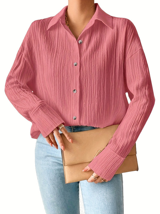  Crinkle Button Up Long Sleeve Blouse