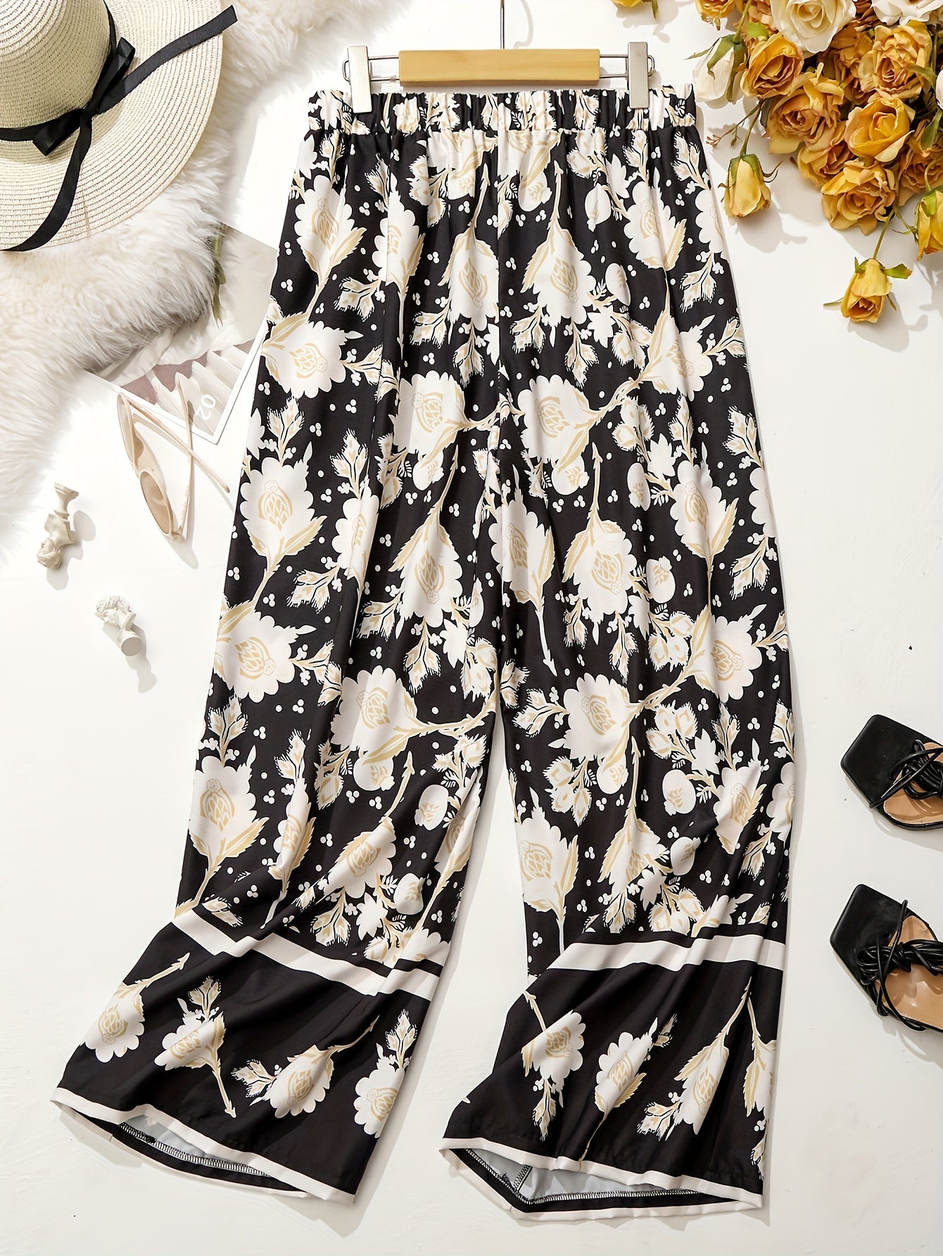  Colorblock Floral Print Wide Leg Trousers