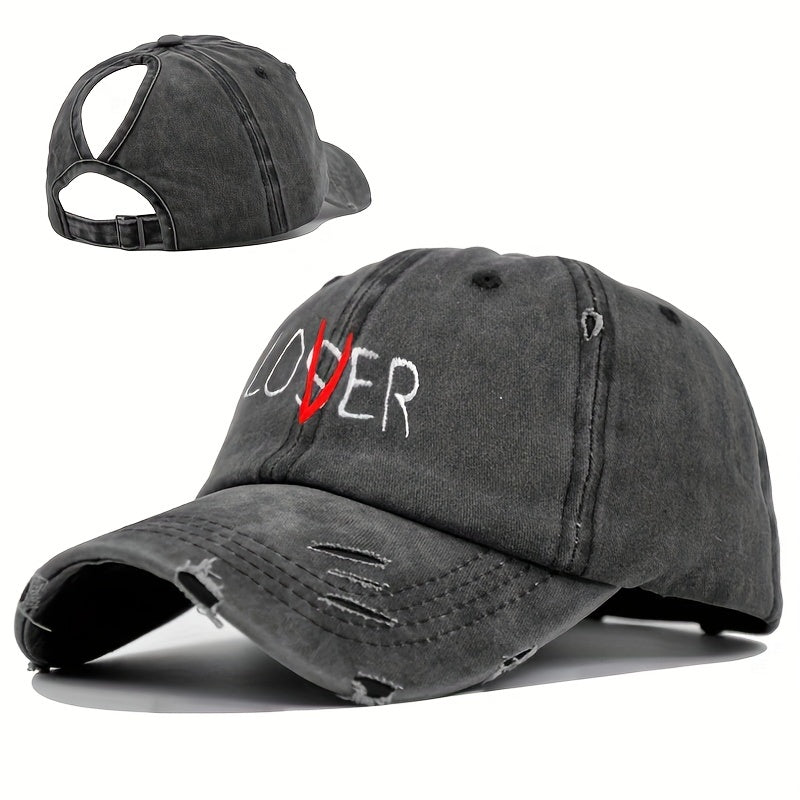 LOSER Embroidery Ponytail Baseball Cap Washed Distressed Ripped Cotton Sun Hat