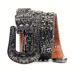 PU Leather Rhinestone Belt Flower Buckle Men