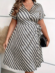  Stripe Print Short Sleeve Surplice Neck Knot Midi Dress