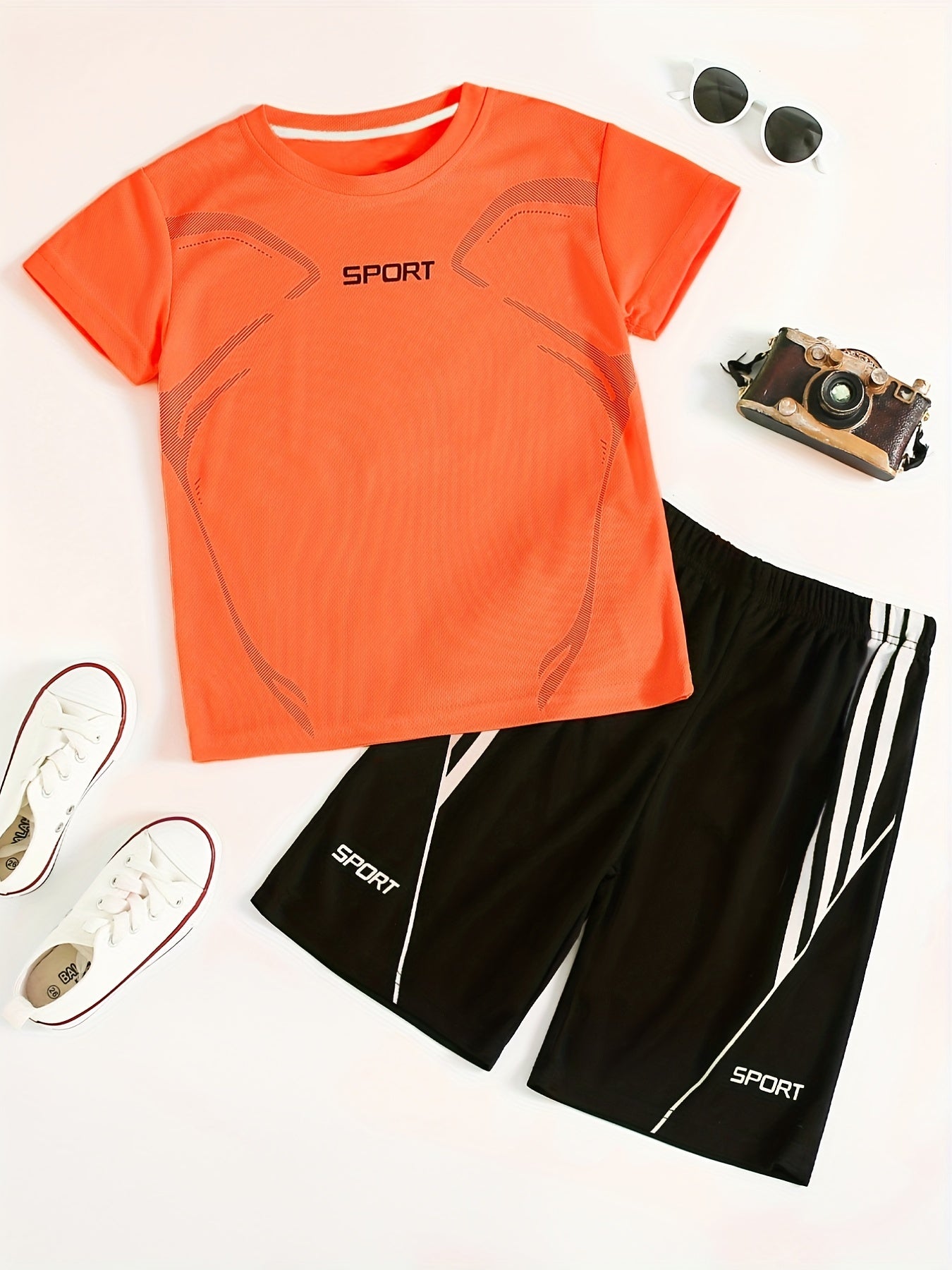 2pcs Boys Sport Outfit Short Sleeves Round Neck T shirt & Shorts Casual