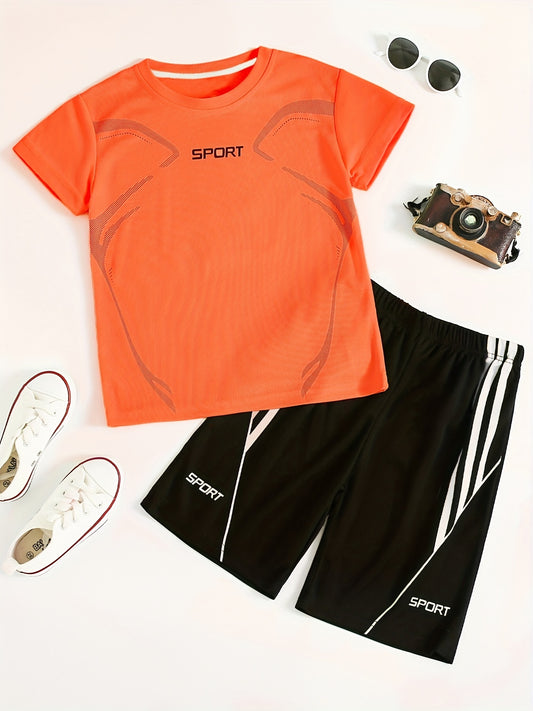 2pcs Boys Sport Outfit Short Sleeves Round Neck T shirt & Shorts Casual