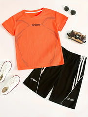 2pcs Boys Sport Outfit Short Sleeves Round Neck T shirt & Shorts Casual