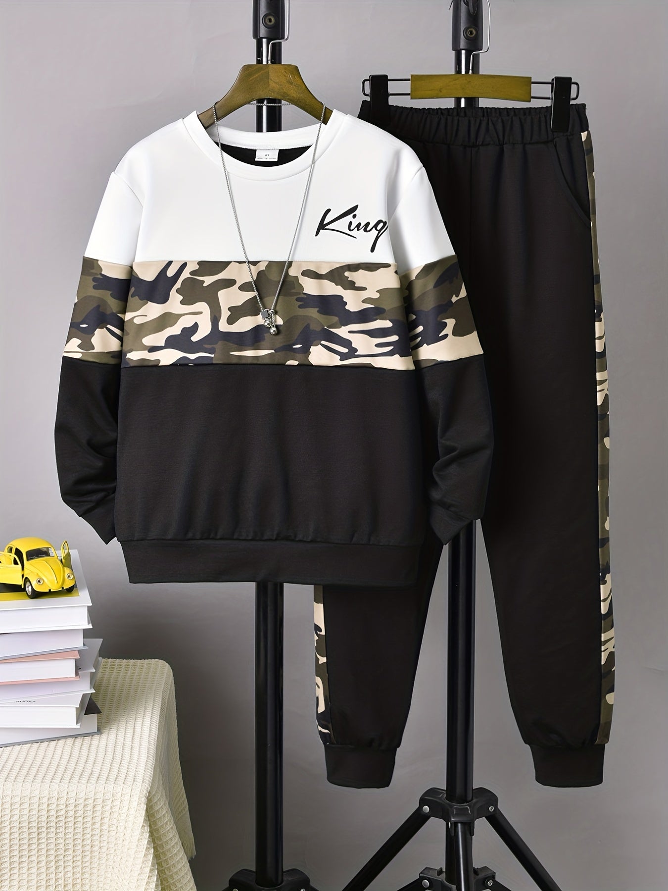 Boy's KING Print Outfit 2pcs Sweatshirt & Sweatpants Set for Spring Fall