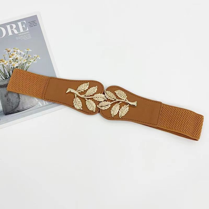 Golden Leaf Buckle Waist Belt Elastic Stretchy Large Buckle Accessory