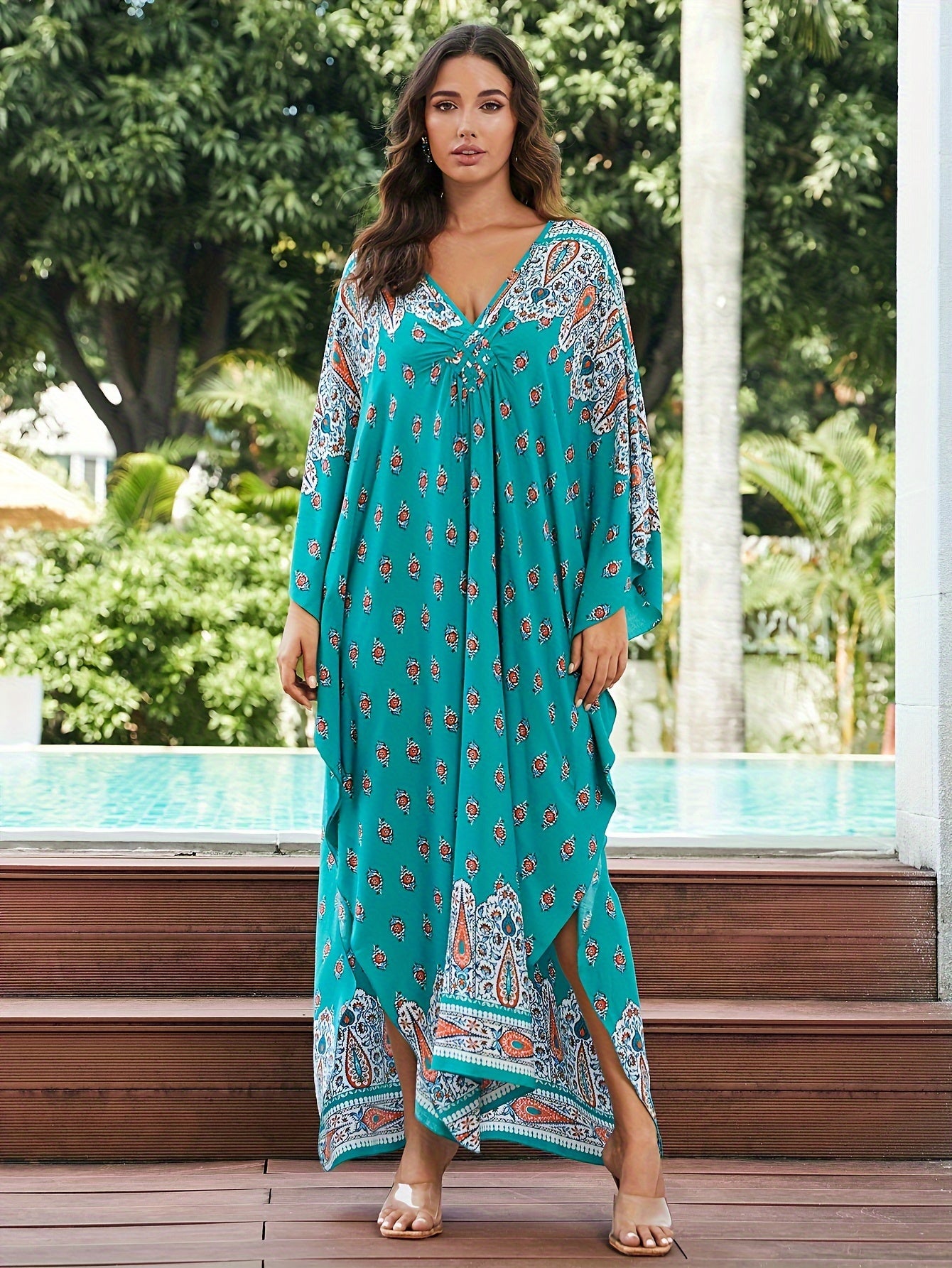 Boho Paisley Floral Batwing Sleeve Plus Size Dress