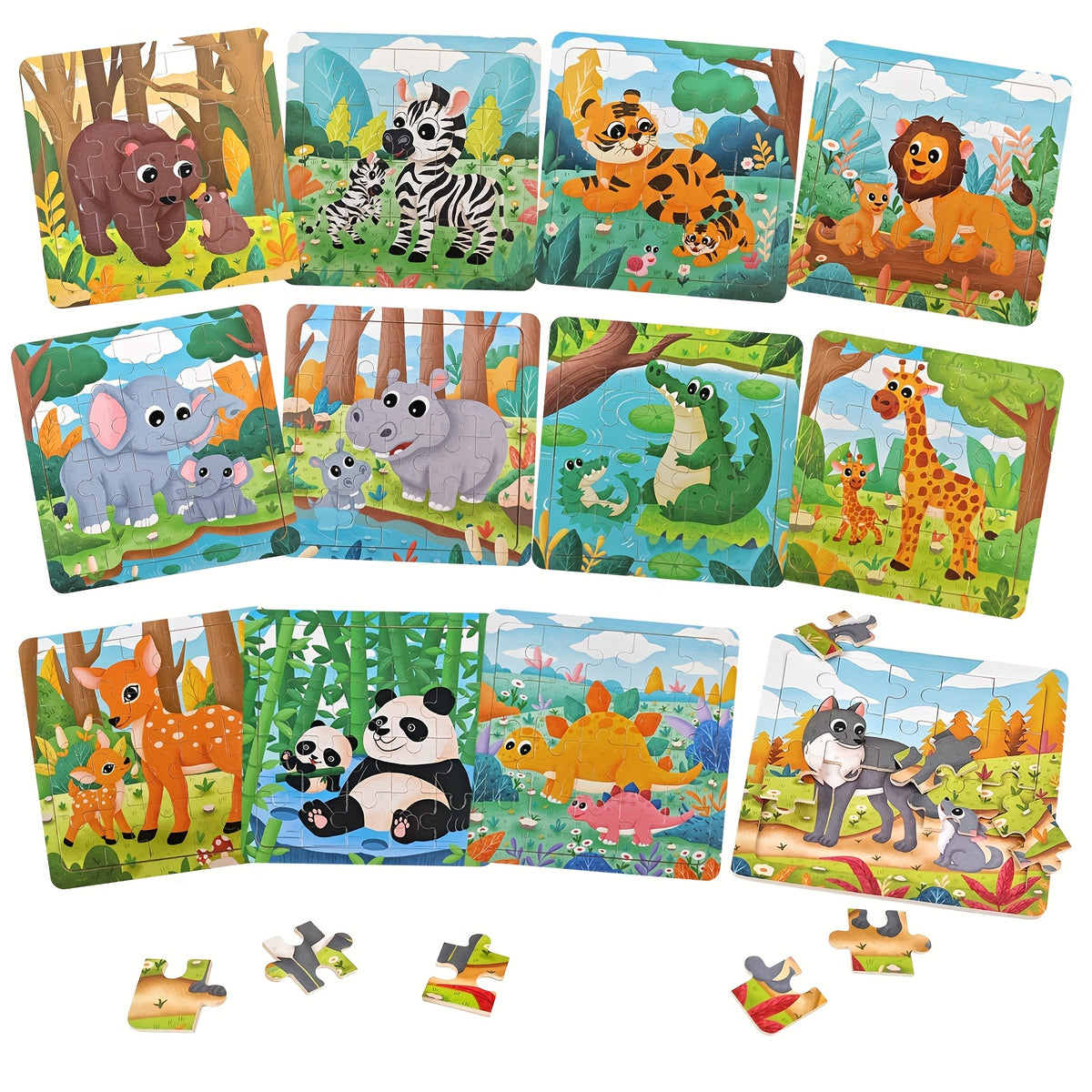 12pc Wooden Animal Puzzle Set Educational Preschool Toy Girls Boys Learning Gift