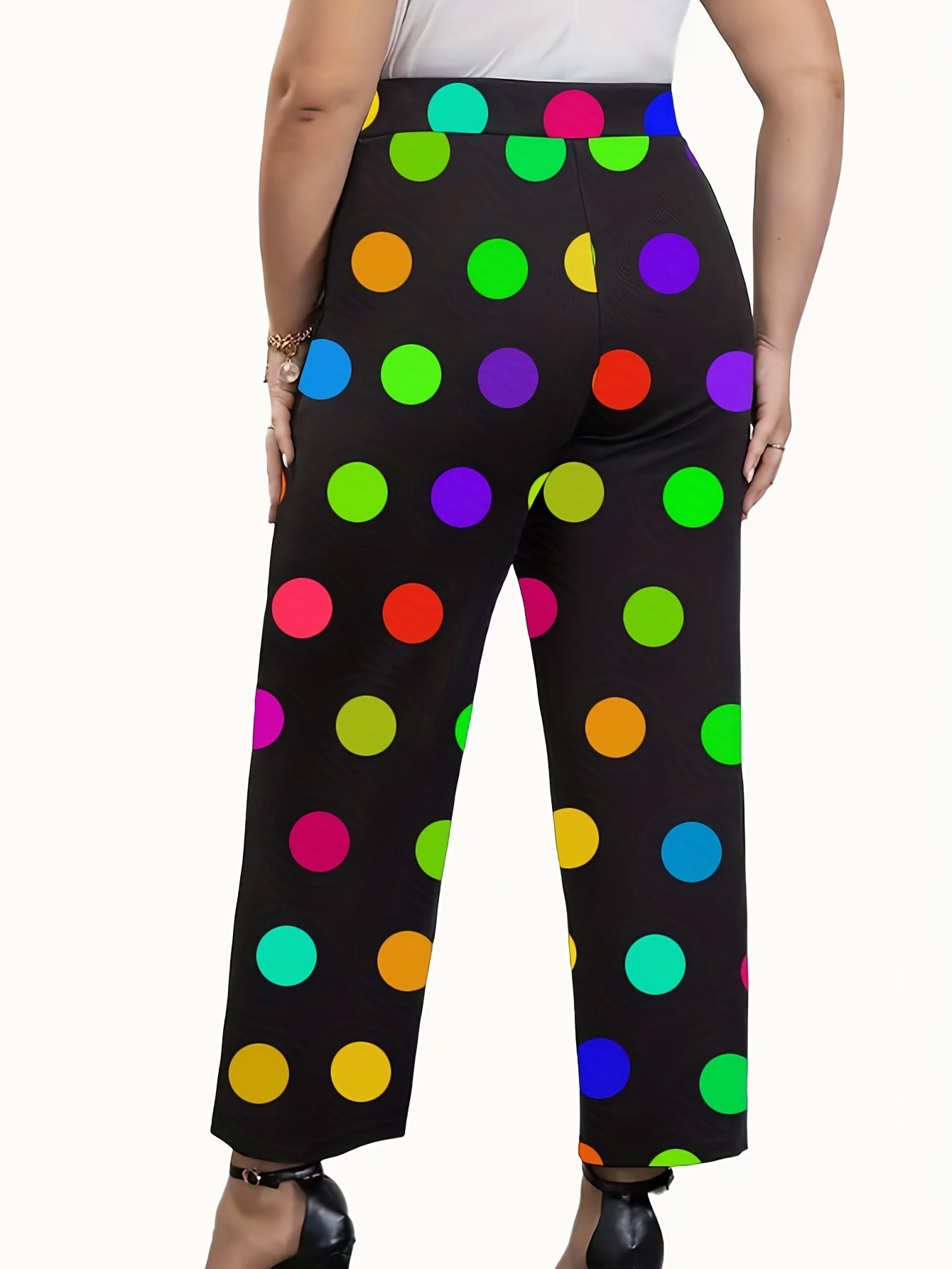 Colorful Dot Print High Rise Wide Leg Plus Size Casual Pants