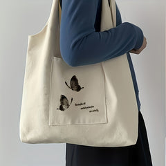Butterfly Print Canvas Tote Bag Large Shoulder Bag for Shopping & School