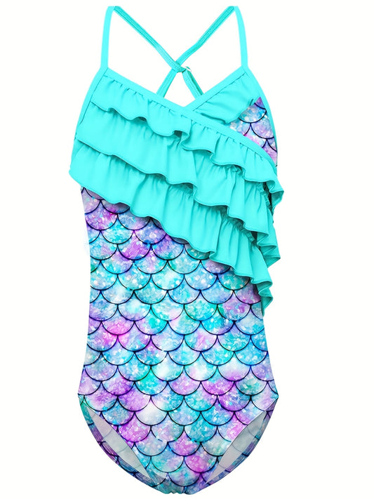 Mermaid Swimsuit with Lotus Leaf Edge and Fish Scale Print