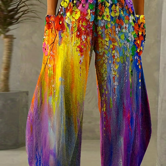 Boho Tie Dye Wide Leg Pants Vintage Elastic Waist