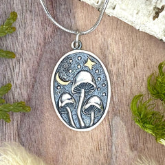 Vintage Mushroom Pendant Necklace Oval Star Moon Mushroom Plant Small Mushroom