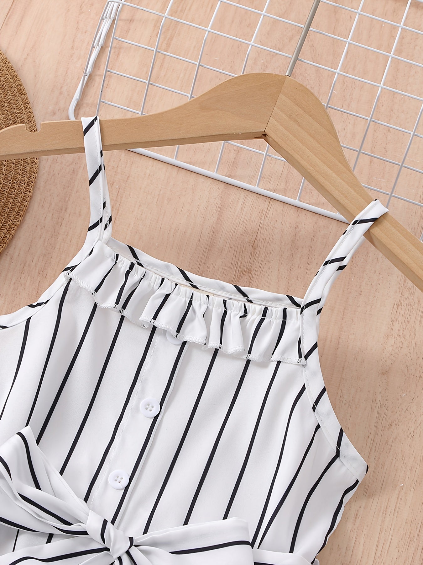 Girls Striped Ruffle Trim Button Belted Cami Jumpsuit Romper