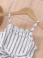 Girls Striped Ruffle Trim Button Belted Cami Jumpsuit Romper