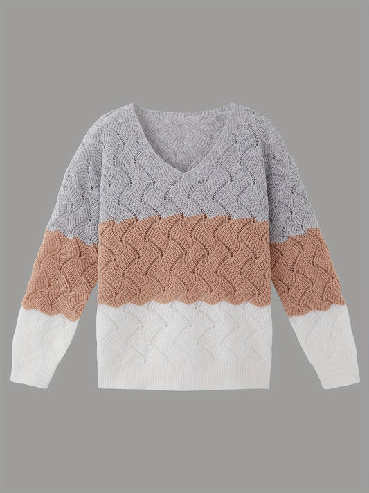  Colorblock V-Neck Sweater Long Sleeve Jumper