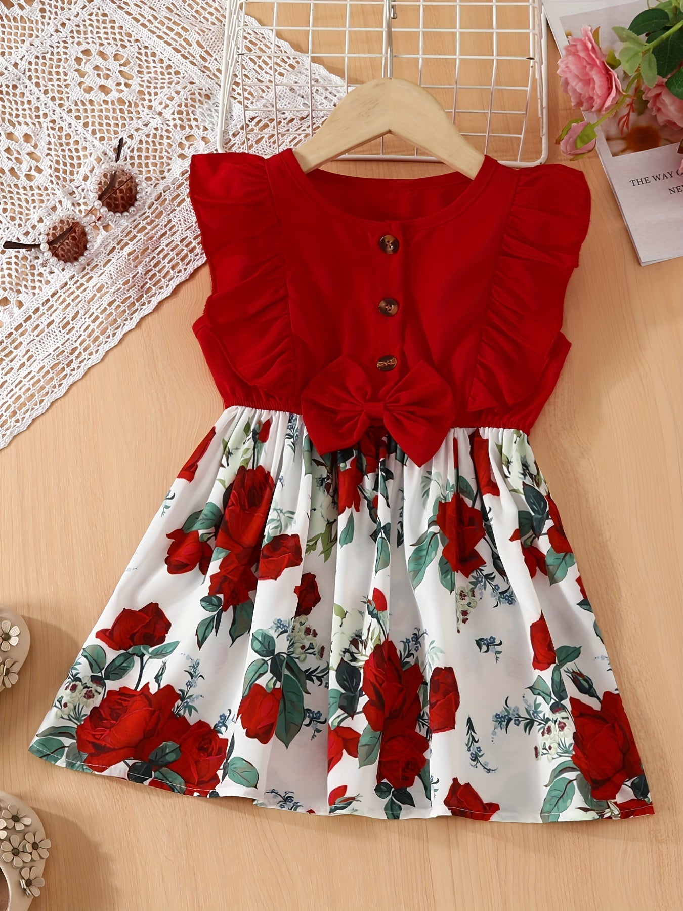 Girls Casual Ruffled Dress with Flower Print Bow for Summer