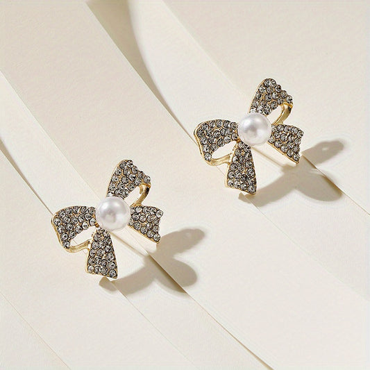 Artificial Crystal Decor Bowknot Stud Earrings 18K Plated Jewelry