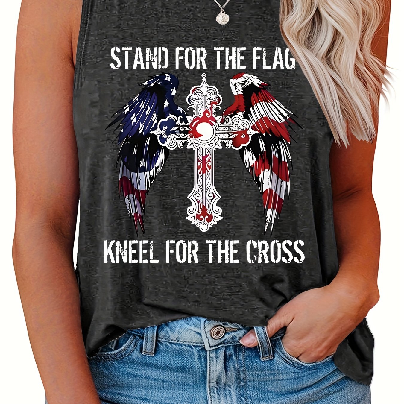  Casual Tank Top Women's Plus Cross & Wing & Slogan Print Round Neck