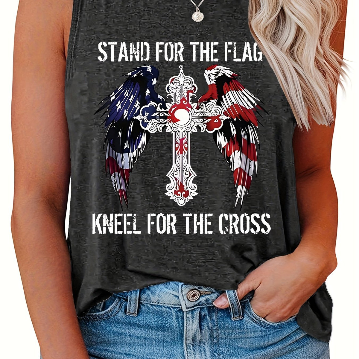  Casual Tank Top Women's Plus Cross & Wing & Slogan Print Round Neck