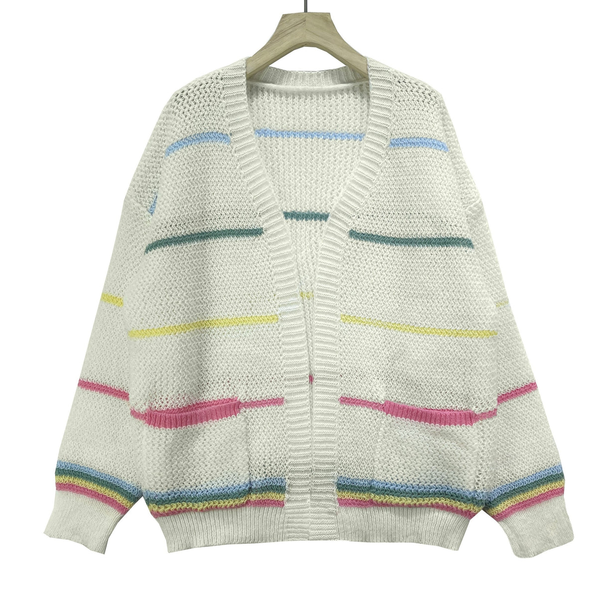 Striped Open Front Pocket Cardigan Long Sleeve Cardigan