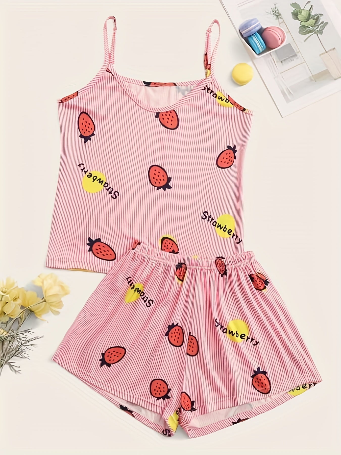 Strawberry & Stripe Print Pajama Set