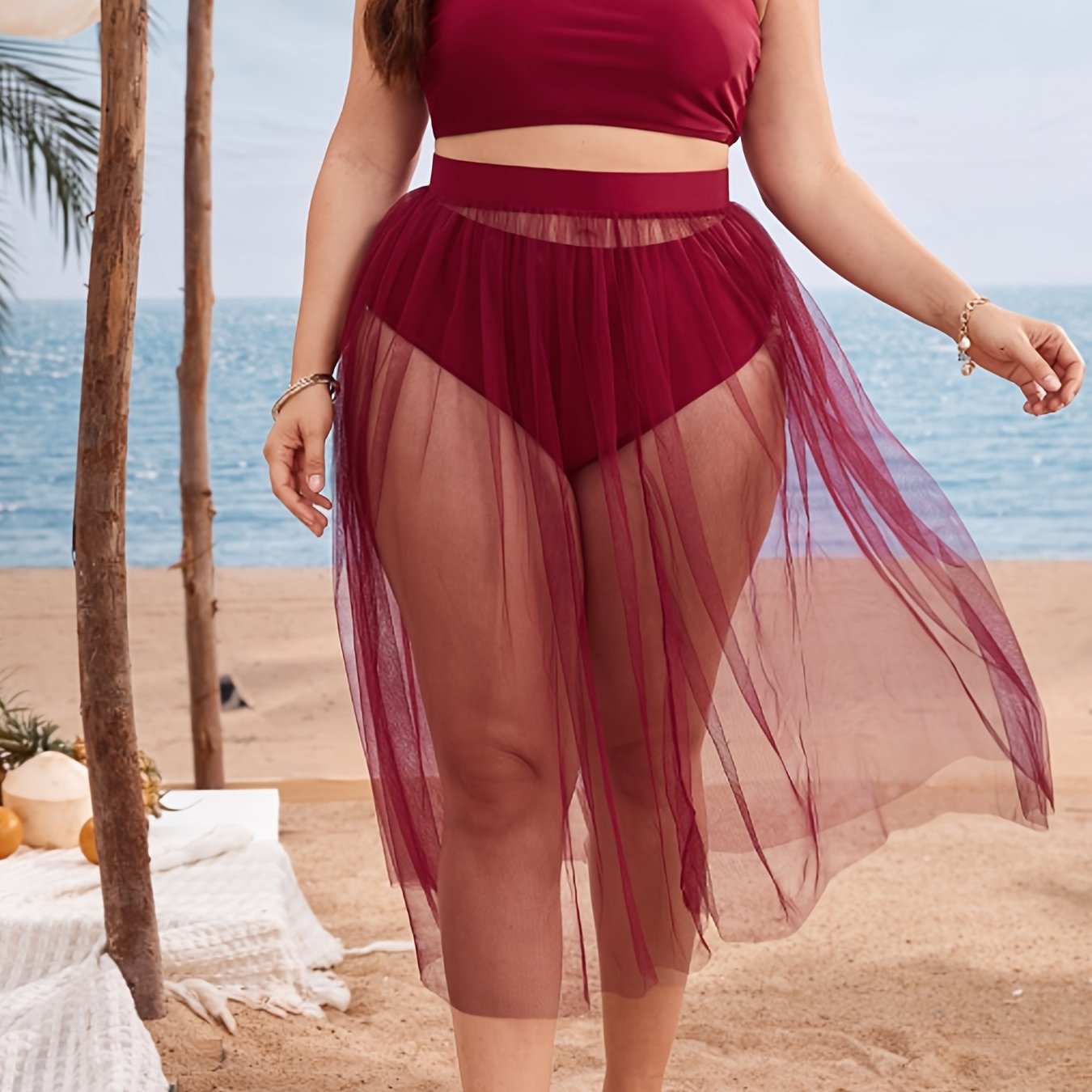  Solid Cami Top & Panties & Mesh Skirt Swimsuit Set Women's Plus