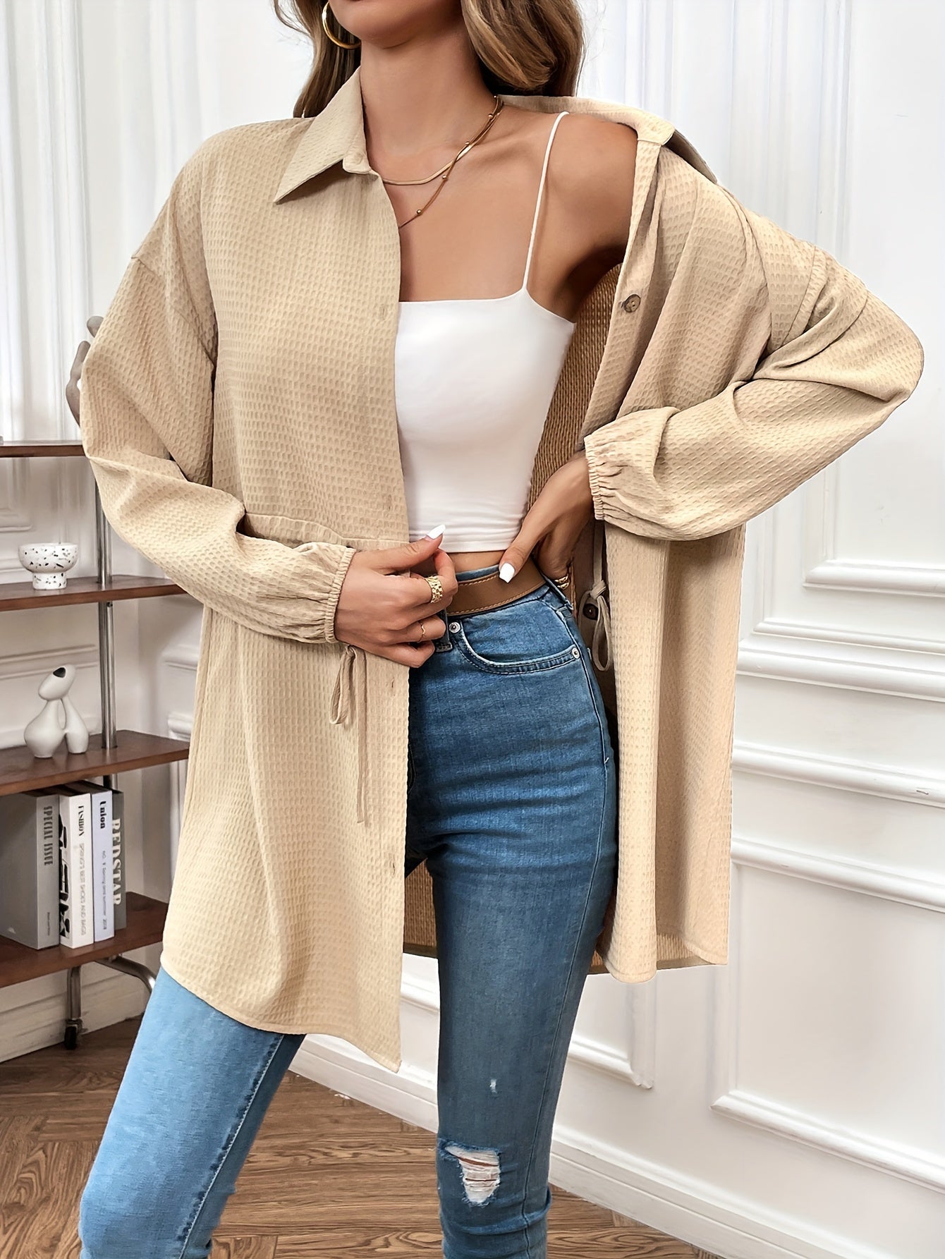  Solid Waffle Drawstring Drop Shoulder Long Sleeve Tunic Shirt Top