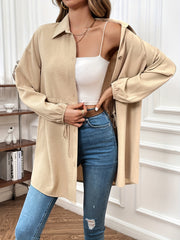  Solid Waffle Drawstring Drop Shoulder Long Sleeve Tunic Shirt Top