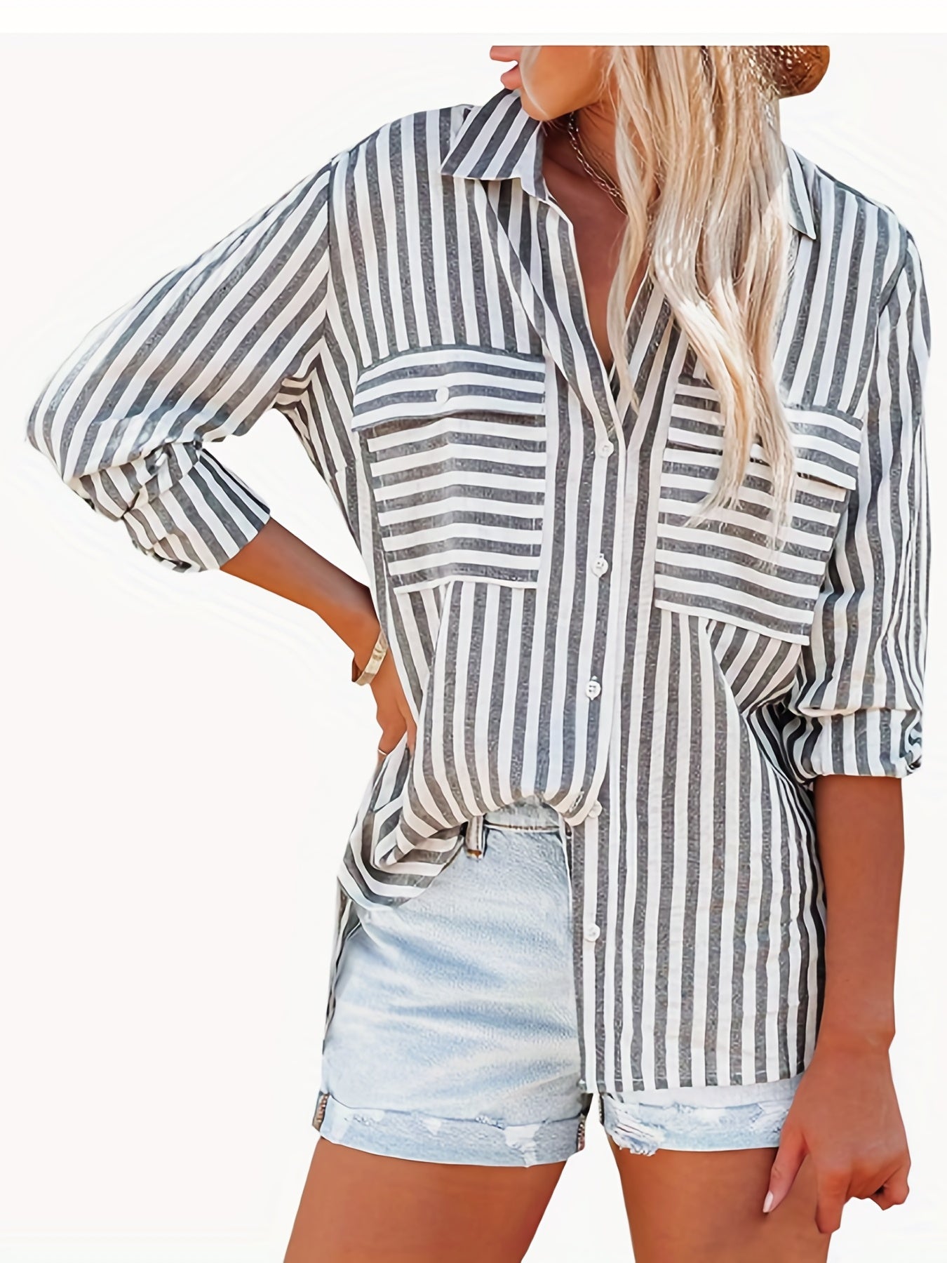 Women's Plus Stripe Print Button Up Long Sleeve Blouse